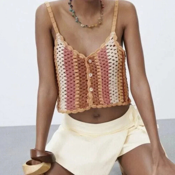 Zara Womens Medium Large Knit Crocheted  Top - Picture 1 of 10
